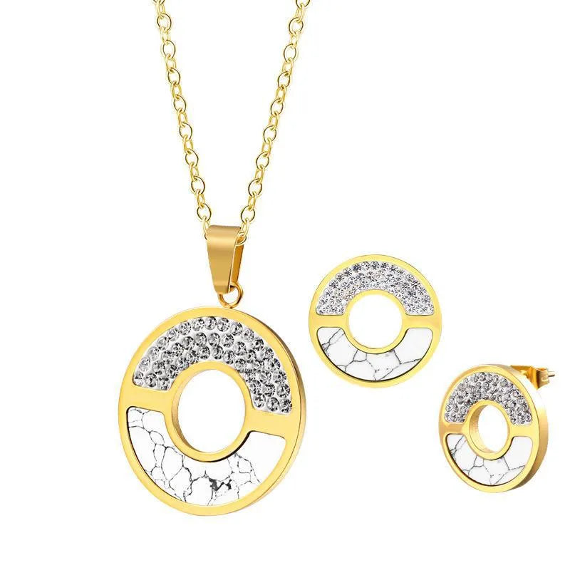 Wholesale Jewelry Simple Style Classic Style Round 304 Stainless Steel Rhinestones 18K Gold Plated Inlay Earrings Necklace