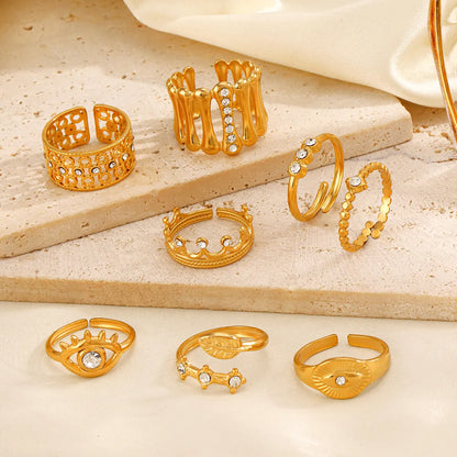 Wholesale Jewelry Simple Style Classic Style Round Eye 304 Stainless Steel Rhinestones 18K Gold Plated Plating Inlay Rings