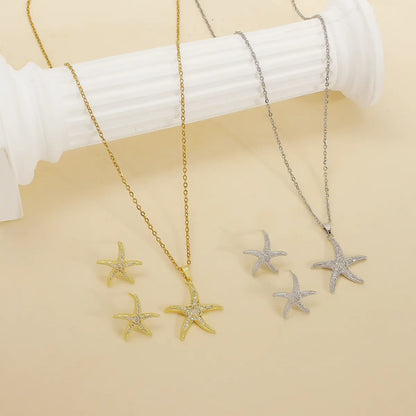 Wholesale Jewelry Simple Style Classic Style Shiny Starfish 304 Stainless Steel Zircon 18K Gold Plated Plating Inlay Jewelry Set