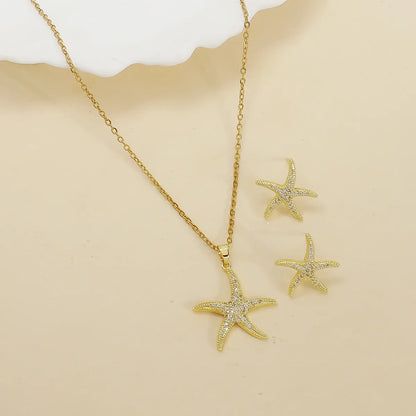 Wholesale Jewelry Simple Style Classic Style Shiny Starfish 304 Stainless Steel Zircon 18K Gold Plated Plating Inlay Jewelry Set