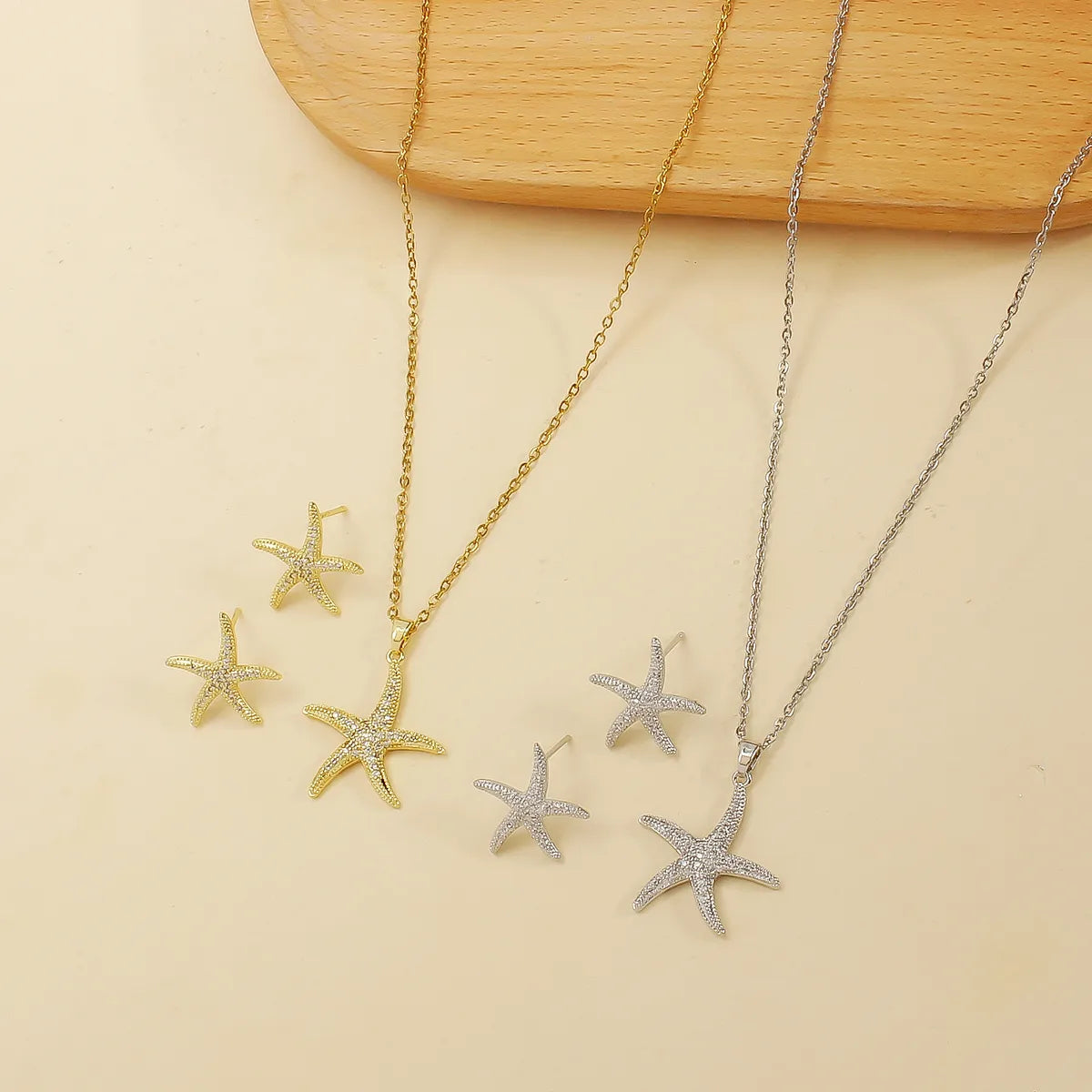 Wholesale Jewelry Simple Style Classic Style Shiny Starfish 304 Stainless Steel Zircon 18K Gold Plated Plating Inlay Jewelry Set