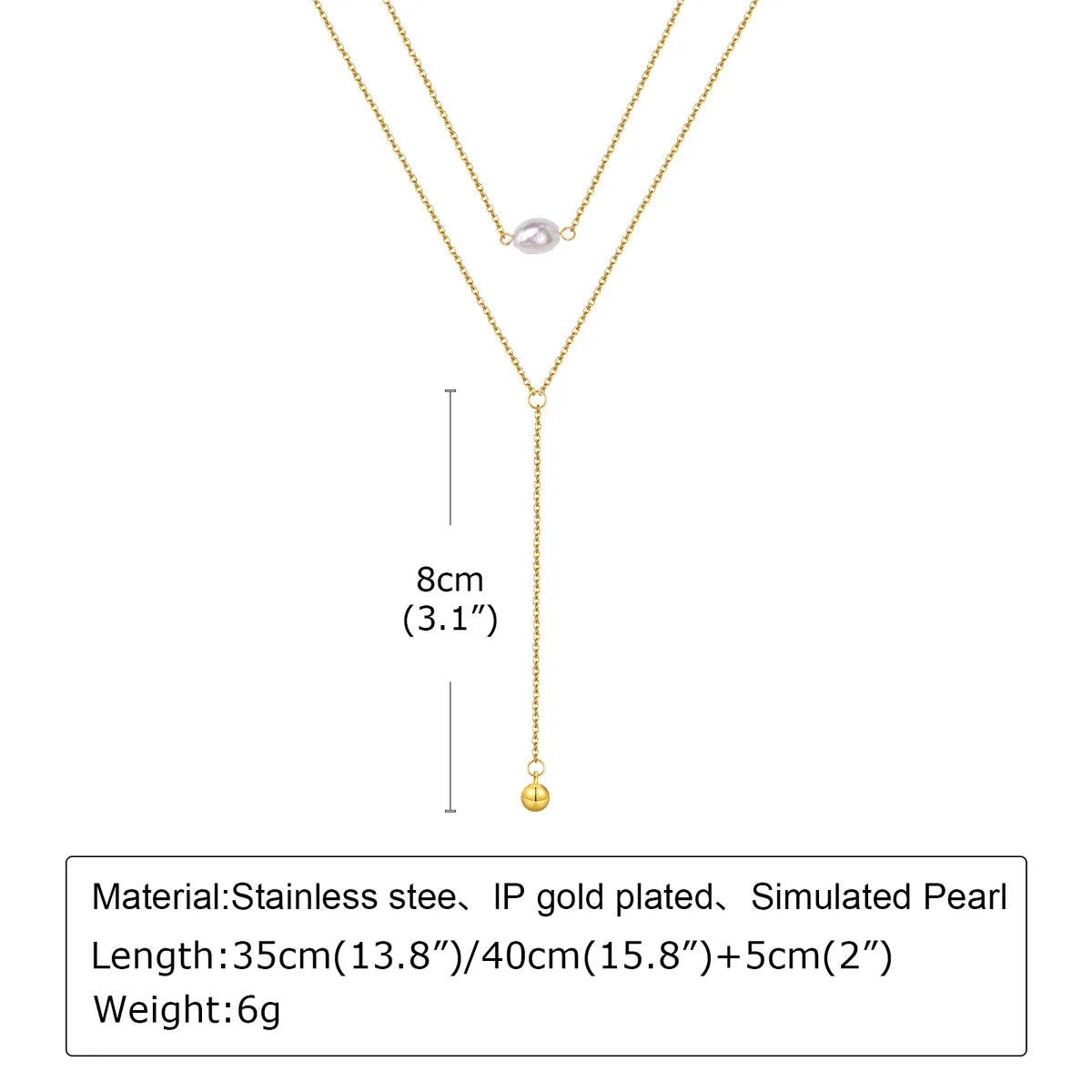 Wholesale Jewelry Simple Style Classic Style Solid Color 201 Stainless Steel Artificial Pearls Zircon 18K Gold Plated Layered Long Necklace