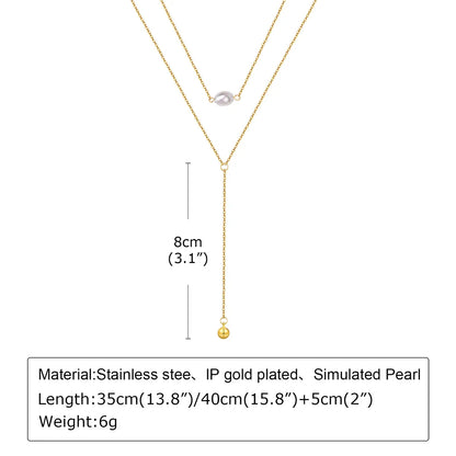 Wholesale Jewelry Simple Style Classic Style Solid Color 201 Stainless Steel Artificial Pearls Zircon 18K Gold Plated Layered Long Necklace