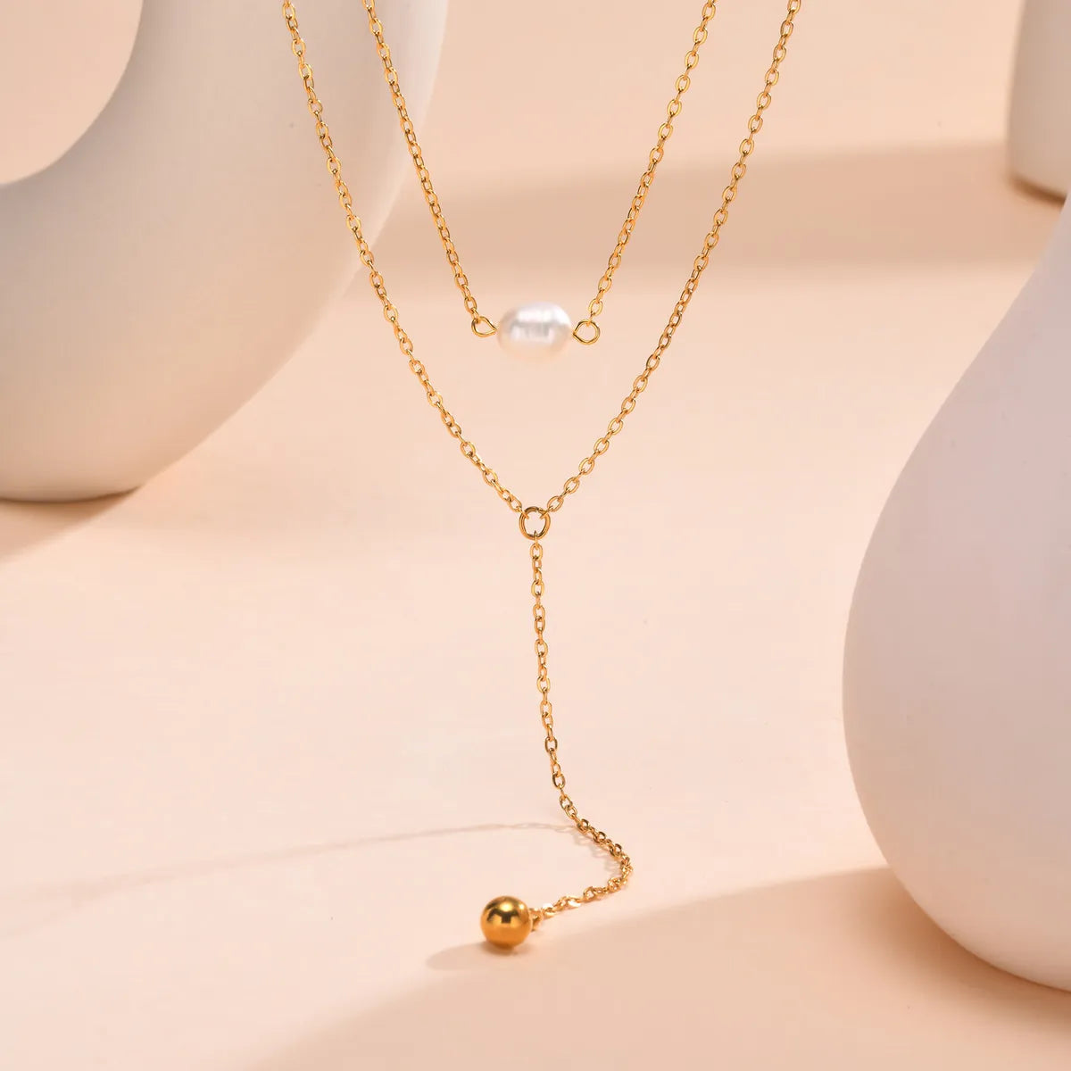 Wholesale Jewelry Simple Style Classic Style Solid Color 201 Stainless Steel Artificial Pearls Zircon 18K Gold Plated Layered Long Necklace