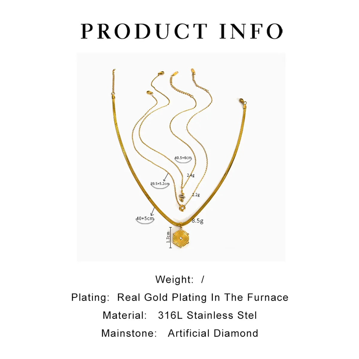 Wholesale Jewelry Simple Style Classic Style Solid Color 316L Stainless Steel  Rhinestones 18K Gold Plated Plating Inlay Pendant Necklace