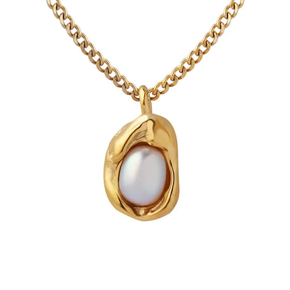 Wholesale Jewelry Simple Style Classic Style Solid Color Mother Pearl Shellfish Titanium Steel Pearl Inlay Pendant Necklace