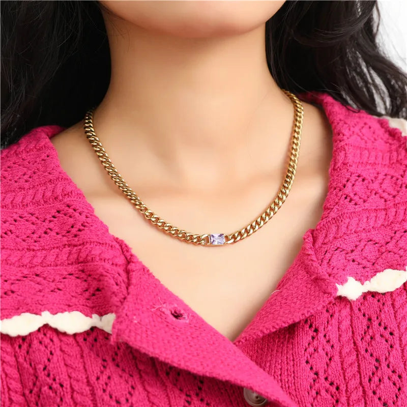 Wholesale Jewelry Simple Style Classic Style Square 304 Stainless Steel Zircon 18K Gold Plated Inlay Necklace