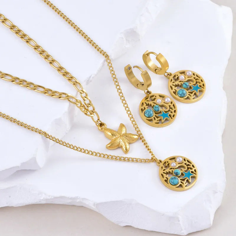 Wholesale Jewelry Simple Style Classic Style Star Titanium Steel Turquoise Pearl Inlay Jewelry Set