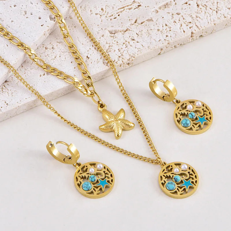 Wholesale Jewelry Simple Style Classic Style Star Titanium Steel Turquoise Pearl Inlay Jewelry Set