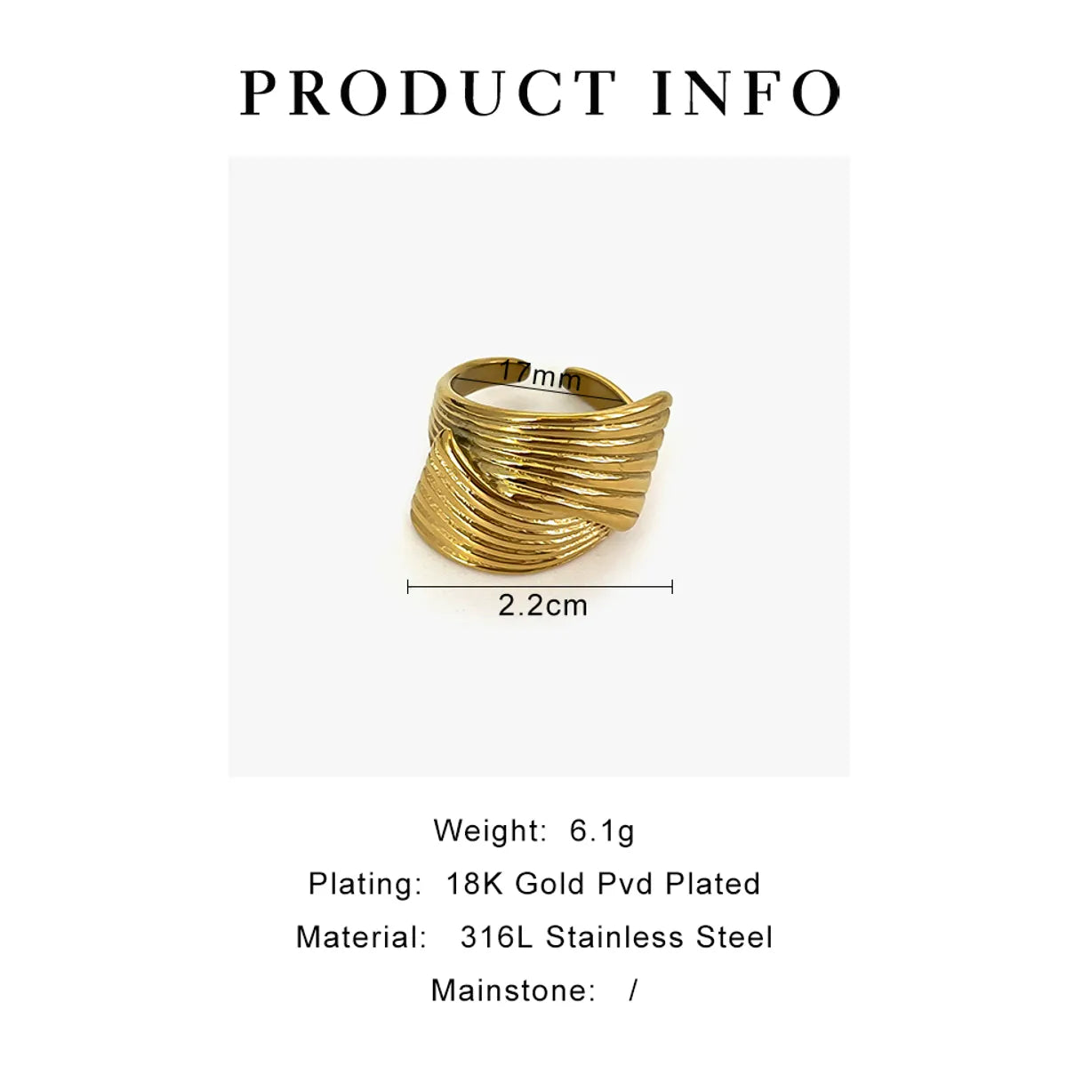 Wholesale Jewelry Simple Style Classic Style Stripe 316L Stainless Steel  18K Gold Plated Plating Open Rings