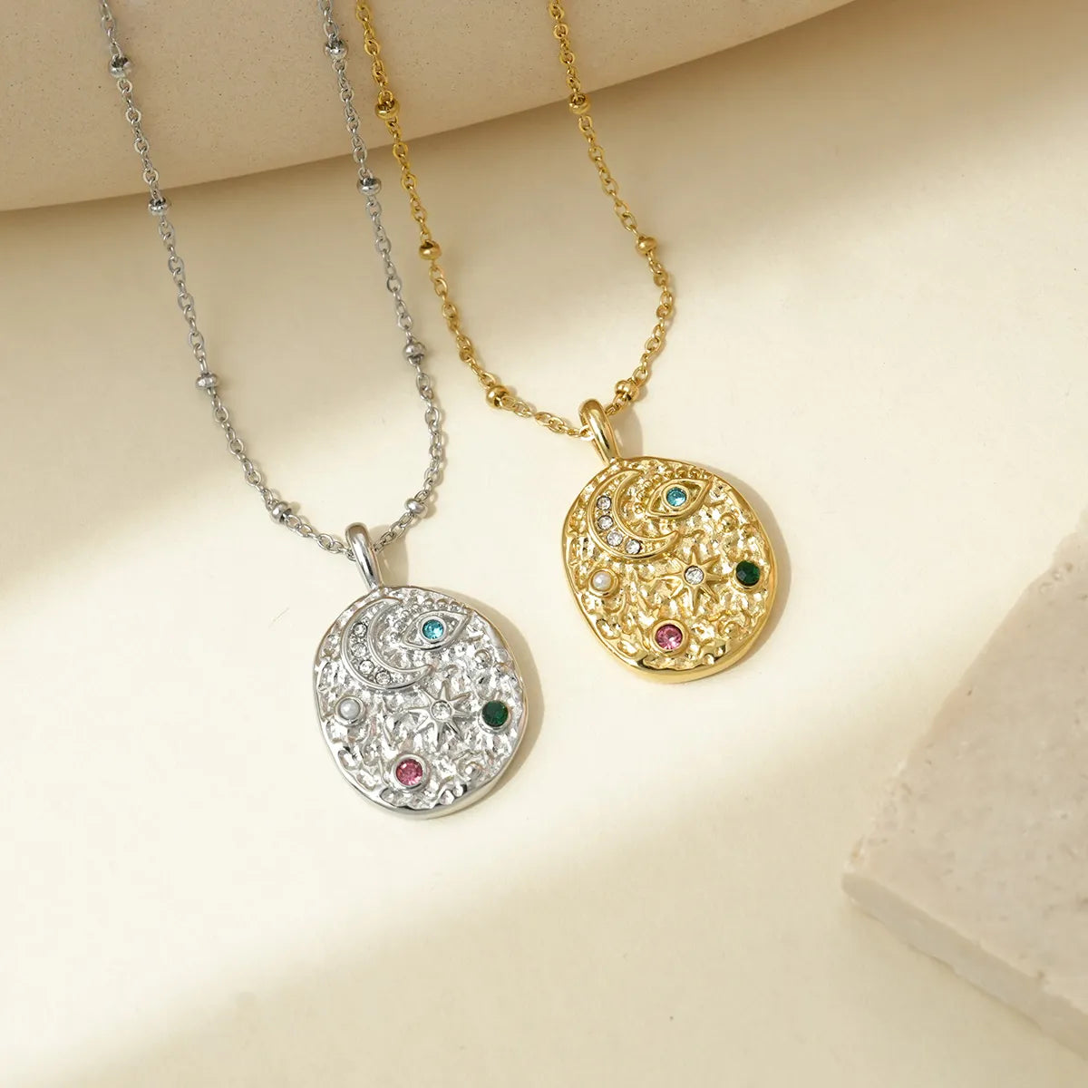 Wholesale Jewelry Simple Style Classic Style Sun Moon Eye 304 Stainless Steel Rhinestones 14K Gold Plated Plating Diamond Pendant Necklace