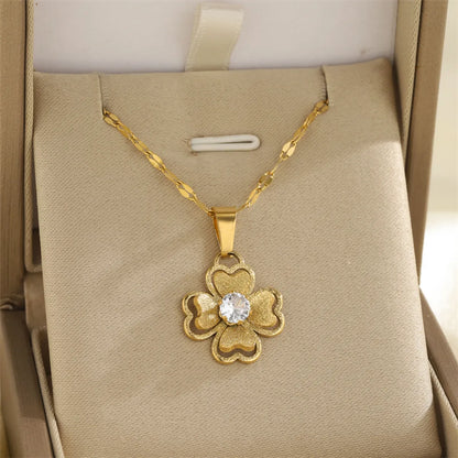 Wholesale Jewelry Simple Style Classic Style Water Droplets Heart Shape Bow Knot 201 Stainless Steel 304 Stainless Steel Rhinestones Shell Zircon 18K Gold Plated Hollow Out Inlay Pendant Necklace