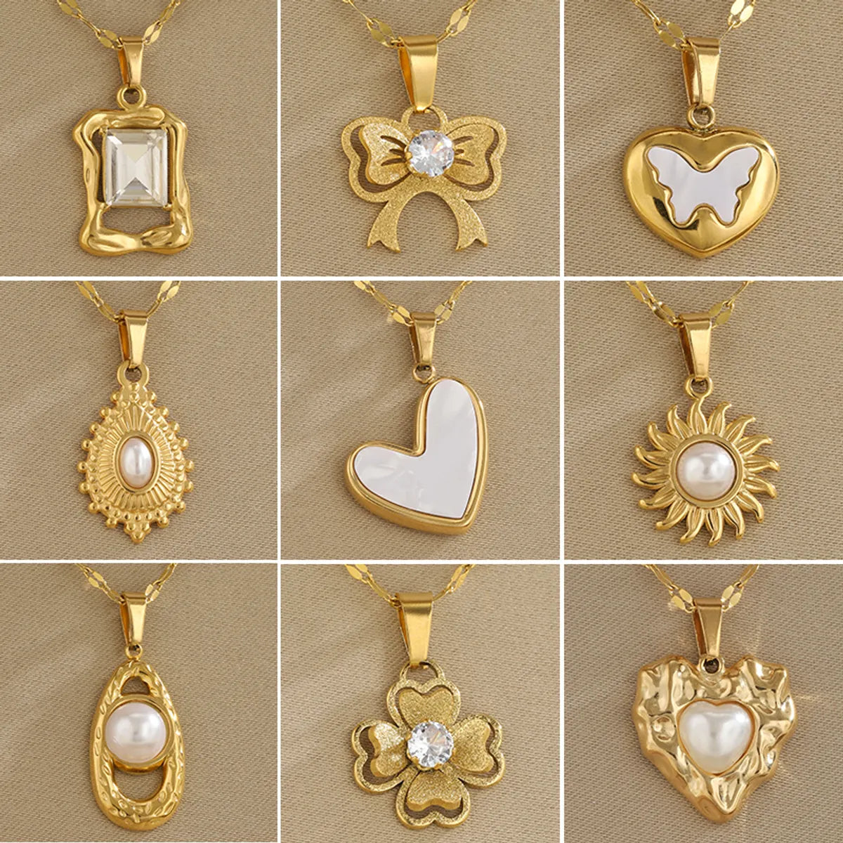 Wholesale Jewelry Simple Style Classic Style Water Droplets Heart Shape Bow Knot 201 Stainless Steel 304 Stainless Steel Rhinestones Shell Zircon 18K Gold Plated Hollow Out Inlay Pendant Necklace