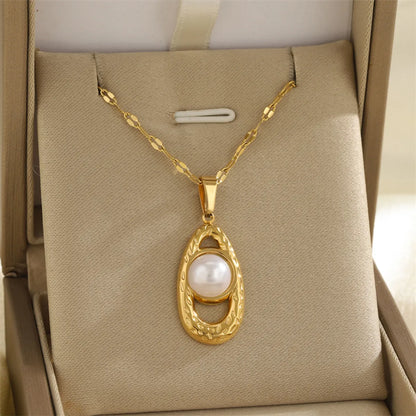 Wholesale Jewelry Simple Style Classic Style Water Droplets Heart Shape Bow Knot 201 Stainless Steel 304 Stainless Steel Rhinestones Shell Zircon 18K Gold Plated Hollow Out Inlay Pendant Necklace