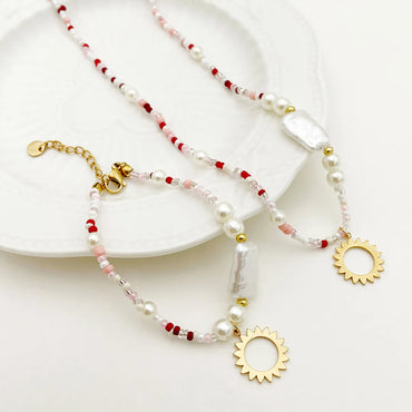 Wholesale Jewelry Simple Style Commute Round Sun 304 Stainless Steel Gold Plated Beaded Bracelets Necklace