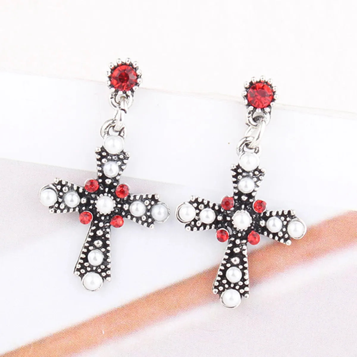 Wholesale Jewelry Simple Style Cross Alloy Gold Plated Plating Hollow Out Inlay Drop Earrings