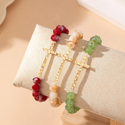 Wholesale Jewelry Simple Style Cross Glass Metal Beaded Bracelets