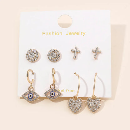 Wholesale Jewelry Simple Style Cross Heart Shape Eye Alloy Rhinestones Gold Plated Plating Inlay Earrings