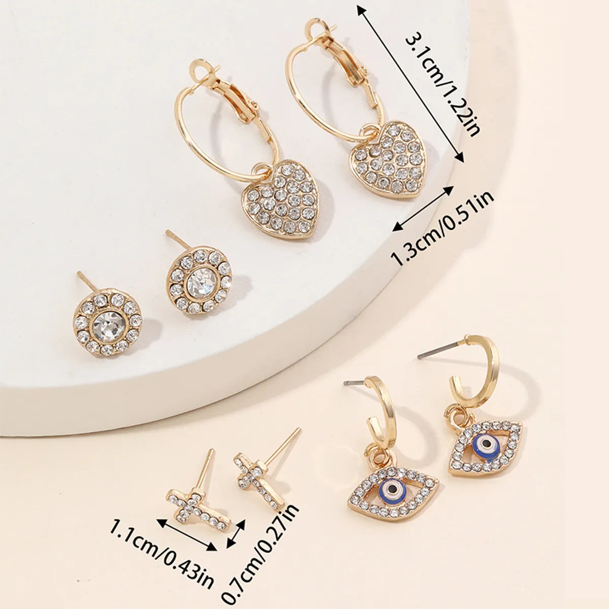 Wholesale Jewelry Simple Style Cross Heart Shape Eye Alloy Rhinestones Gold Plated Plating Inlay Earrings