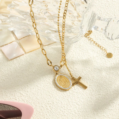 Wholesale Jewelry Simple Style Cross Oval 304 Stainless Steel Pearl Zircon Gold Plated Inlay Pendant Necklace