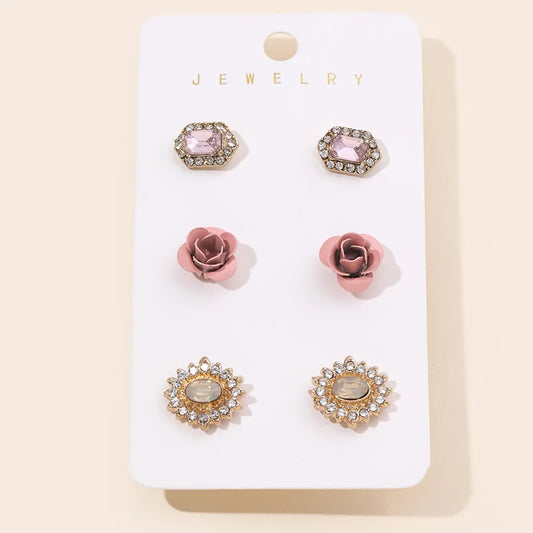 Wholesale Jewelry Simple Style Geometric Flower Alloy Rhinestones Gold Plated Plating Inlay Ear Studs