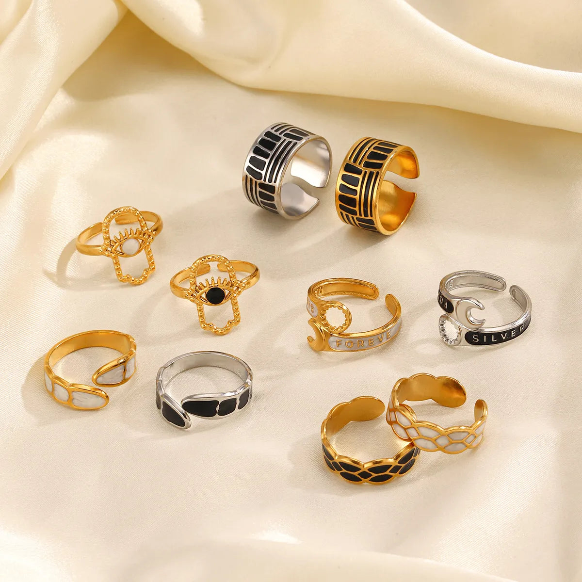 Wholesale Jewelry Simple Style Geometric Letter Eye 304 Stainless Steel 18K Gold Plated Enamel Open Rings