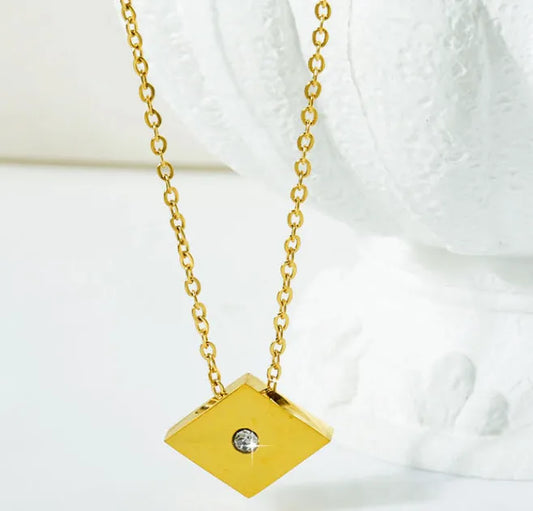 Wholesale Jewelry Simple Style Geometric Rhombus Titanium Steel Zircon Plating Inlay Pendant Necklace