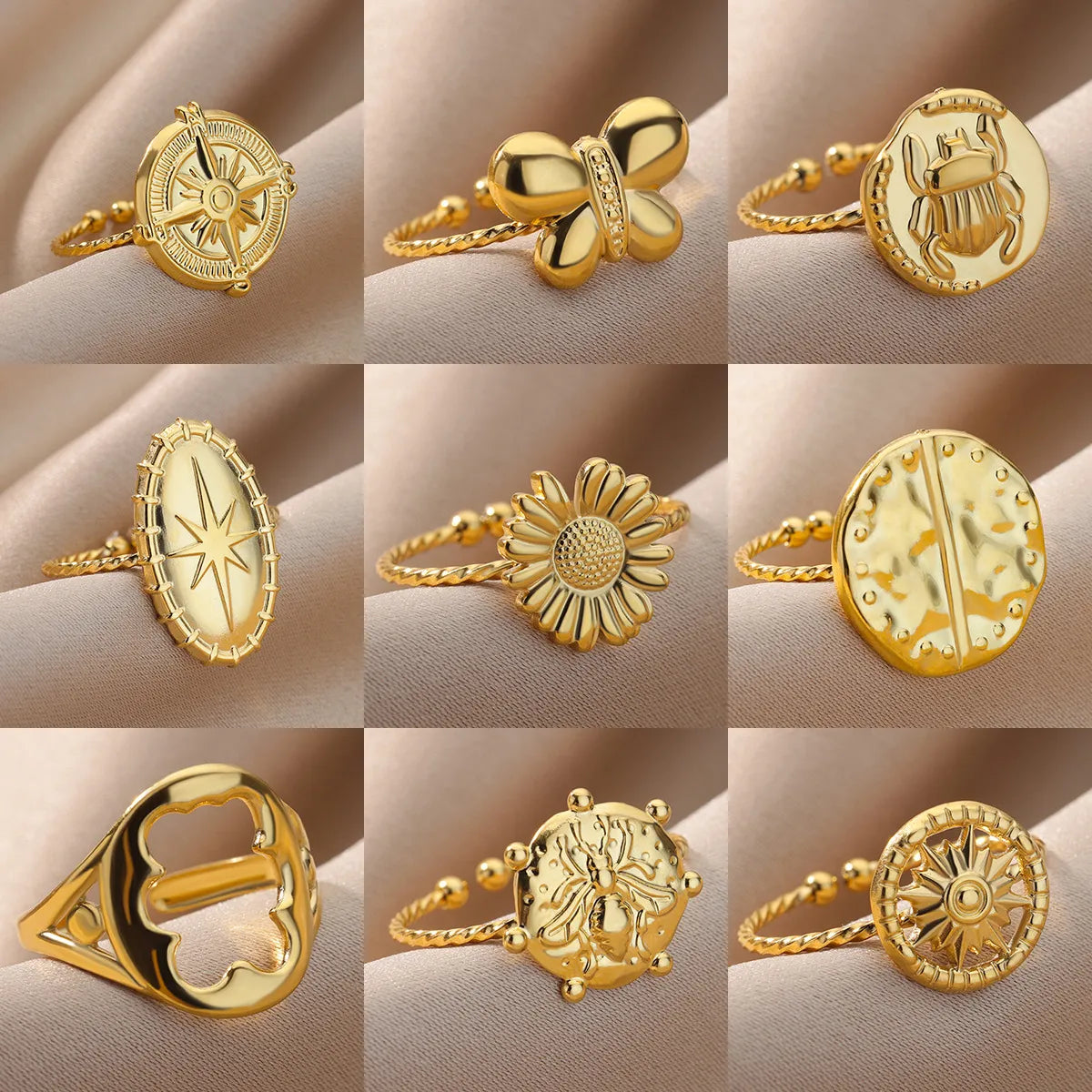 Wholesale Jewelry Simple Style Geometric Round Heart Shape 304 Stainless Steel 18K Gold Plated Plating Open Rings