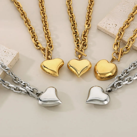 Wholesale Jewelry Simple Style Heart Shape 304 Stainless Steel 18K Gold Plated Bracelets Necklace