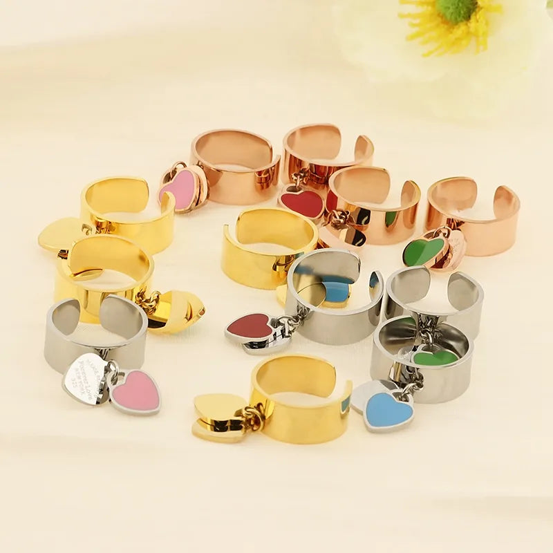 Wholesale Jewelry Simple Style Heart Shape 304 Stainless Steel 18K Gold Plated Epoxy Charm Rings Open Rings