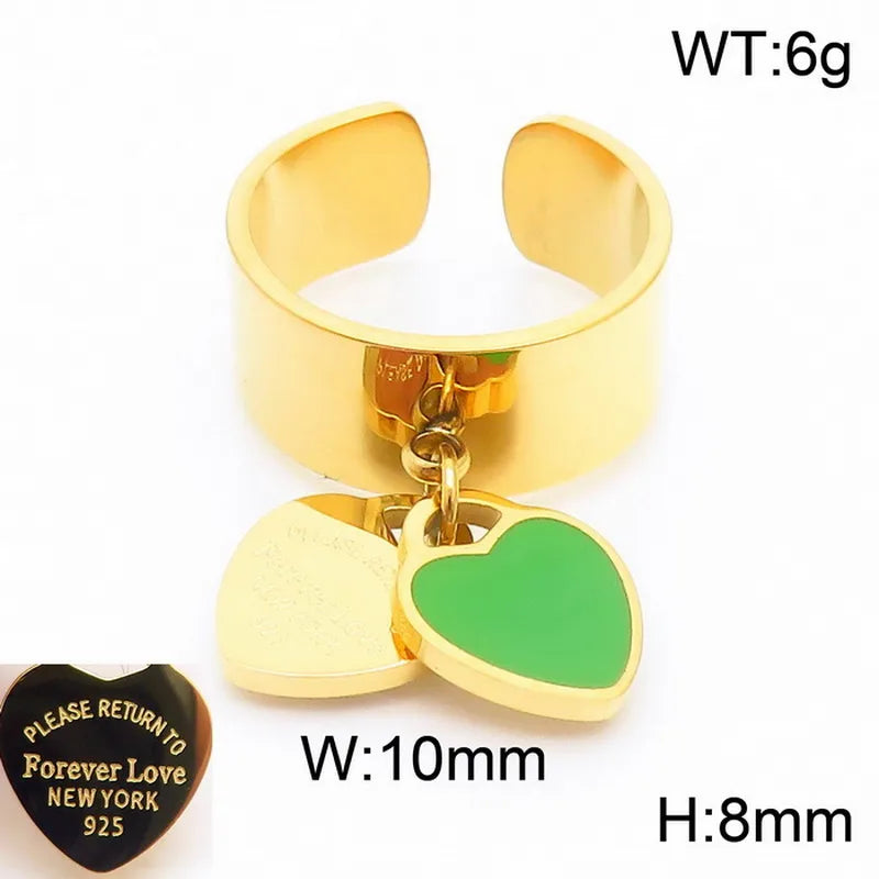 Wholesale Jewelry Simple Style Heart Shape 304 Stainless Steel 18K Gold Plated Epoxy Charm Rings Open Rings