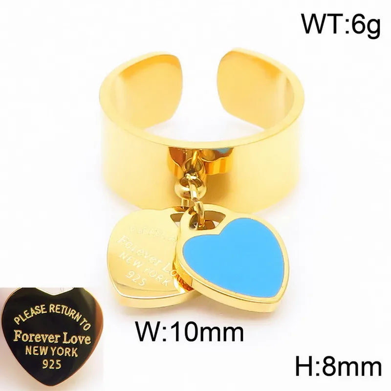 Wholesale Jewelry Simple Style Heart Shape 304 Stainless Steel 18K Gold Plated Epoxy Charm Rings Open Rings