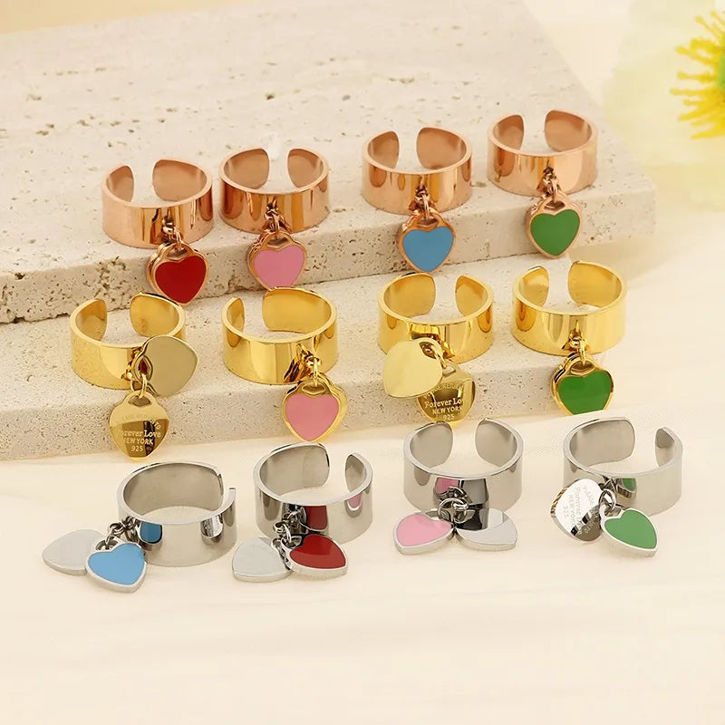 Wholesale Jewelry Simple Style Heart Shape 304 Stainless Steel 18K Gold Plated Epoxy Charm Rings Open Rings