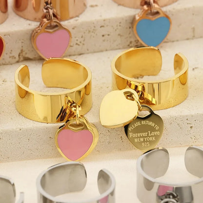 Wholesale Jewelry Simple Style Heart Shape 304 Stainless Steel 18K Gold Plated Epoxy Charm Rings Open Rings