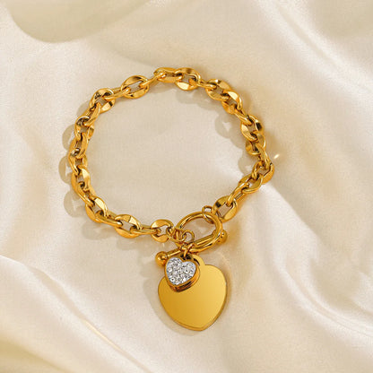 Wholesale Jewelry Simple Style Heart Shape 304 Stainless Steel Rhinestones 18K Gold Plated Inlay Bracelets Necklace