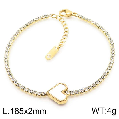 Wholesale Jewelry Simple Style Heart Shape 304 Stainless Steel Rhinestones 18K Gold Plated Inlay Bracelets Necklace