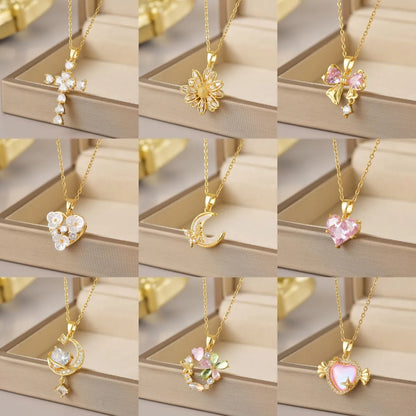 Wholesale Jewelry Simple Style Heart Shape Flower Butterfly Titanium Steel Gem Irregular Plating Pendant Necklace