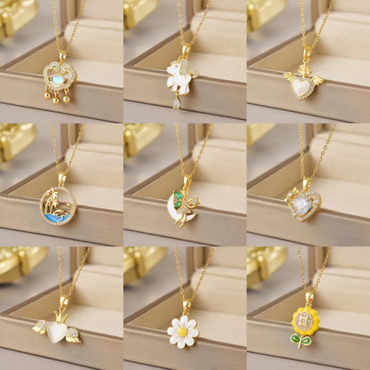 Wholesale Jewelry Simple Style Heart Shape Flower Butterfly Titanium Steel Gem Irregular Plating Pendant Necklace