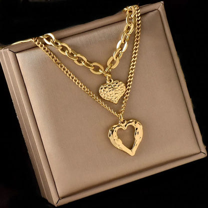 Wholesale Jewelry Simple Style Heart Shape Titanium Steel Plating Double Layer Necklaces