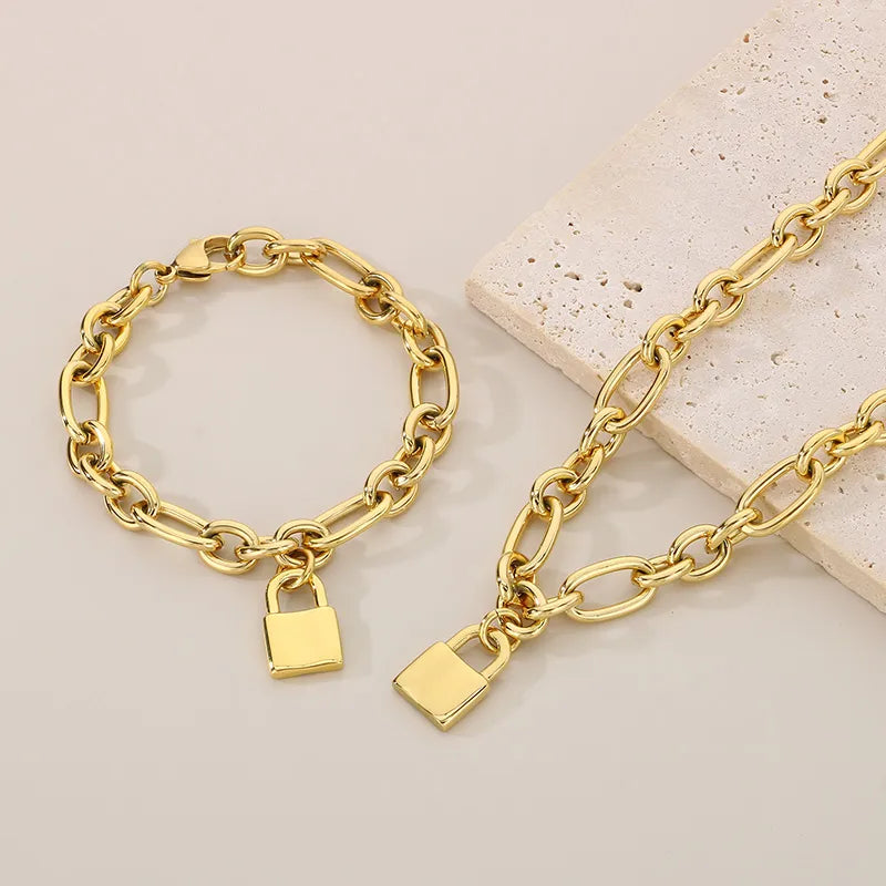 Wholesale Jewelry Simple Style Lock 304 Stainless Steel 18K Gold Plated Bracelets Necklace