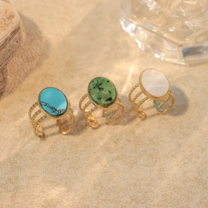 Wholesale Jewelry Simple Style Roman Style Commute Oval 304 Stainless Steel Turquoise Shell 14K Gold Plated Plating Inlay Open Rings