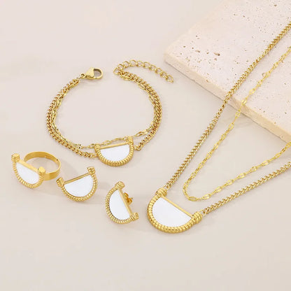 Wholesale Jewelry Simple Style Sector 304 Stainless Steel Shell 18K Gold Plated Inlay Earrings Necklace Jewelry Set