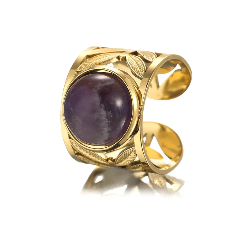 Wholesale Jewelry Simple Style Solid Color 304 Stainless Steel Amethyst 18K Gold Plated Polishing Hollow Out Inlay Open Rings