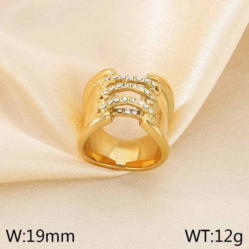 Wholesale Jewelry Simple Style Solid Color 304 Stainless Steel Rhinestones 18K Gold Plated Plating Inlay Rings