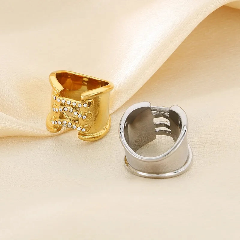 Wholesale Jewelry Simple Style Solid Color 304 Stainless Steel Rhinestones 18K Gold Plated Plating Inlay Rings