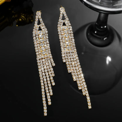 1 Pair Simple Style Solid Color Tassel Plating Inlay Rhinestone Rhinestones Silver Plated Drop Earrings