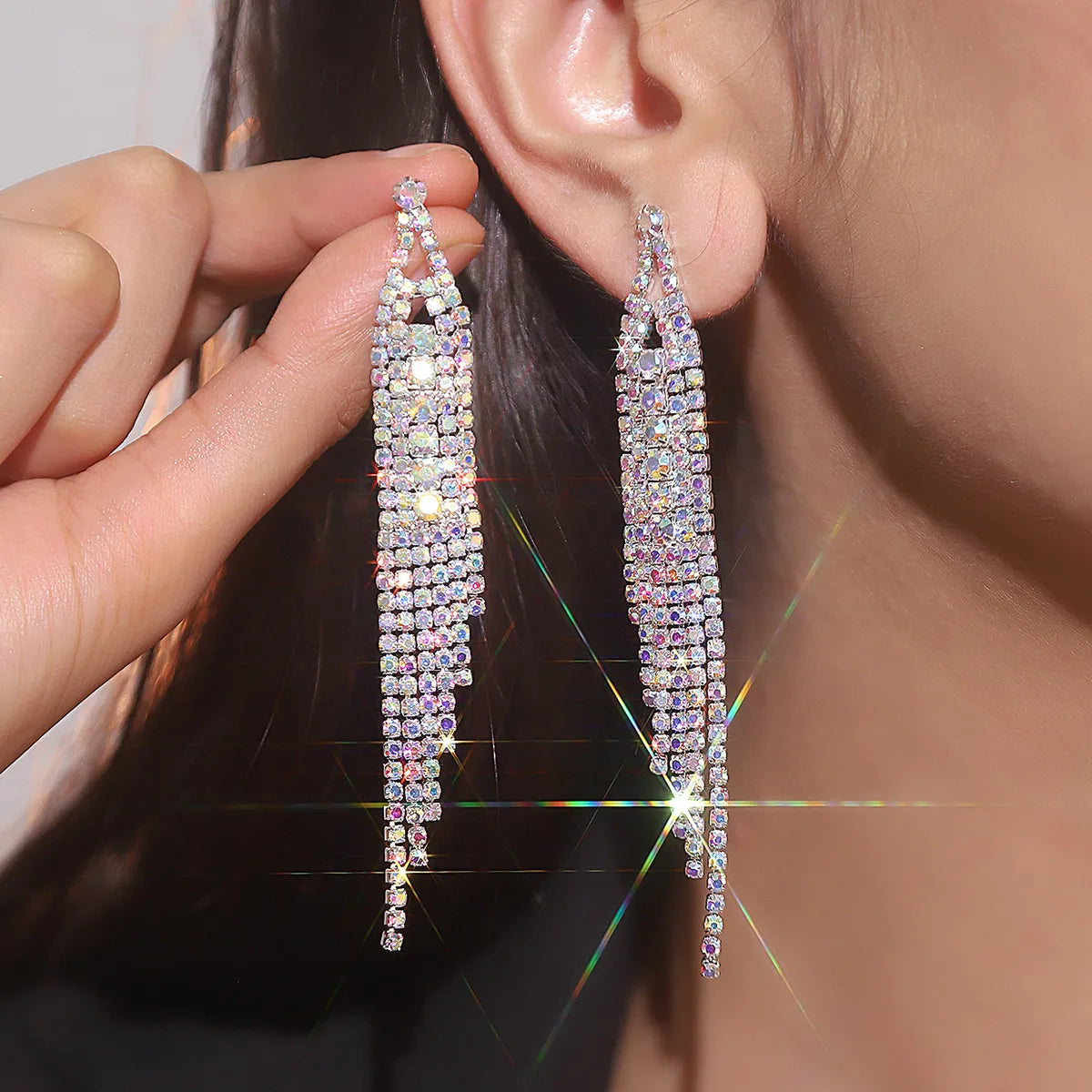 1 Pair Simple Style Solid Color Tassel Plating Inlay Rhinestone Rhinestones Silver Plated Drop Earrings