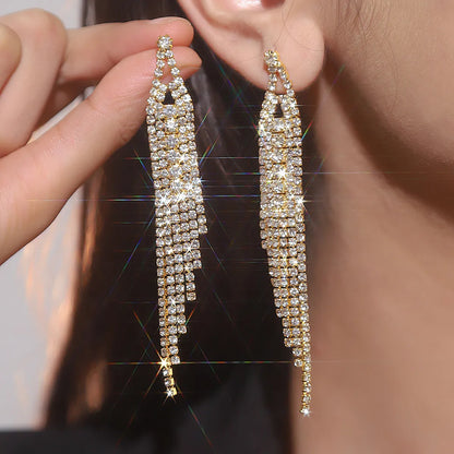 1 Pair Simple Style Solid Color Tassel Plating Inlay Rhinestone Rhinestones Silver Plated Drop Earrings