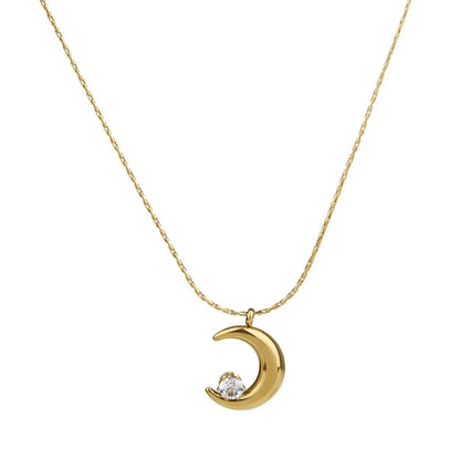 Wholesale Jewelry Simple Style Streetwear Shiny Moon 304 Stainless Steel Artificial Rhinestones 18K Gold Plated Plating Pendant Necklace