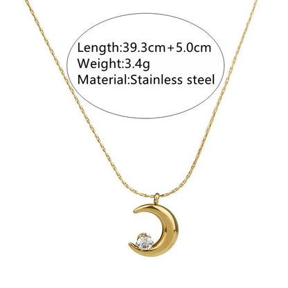 Wholesale Jewelry Simple Style Streetwear Shiny Moon 304 Stainless Steel Artificial Rhinestones 18K Gold Plated Plating Pendant Necklace